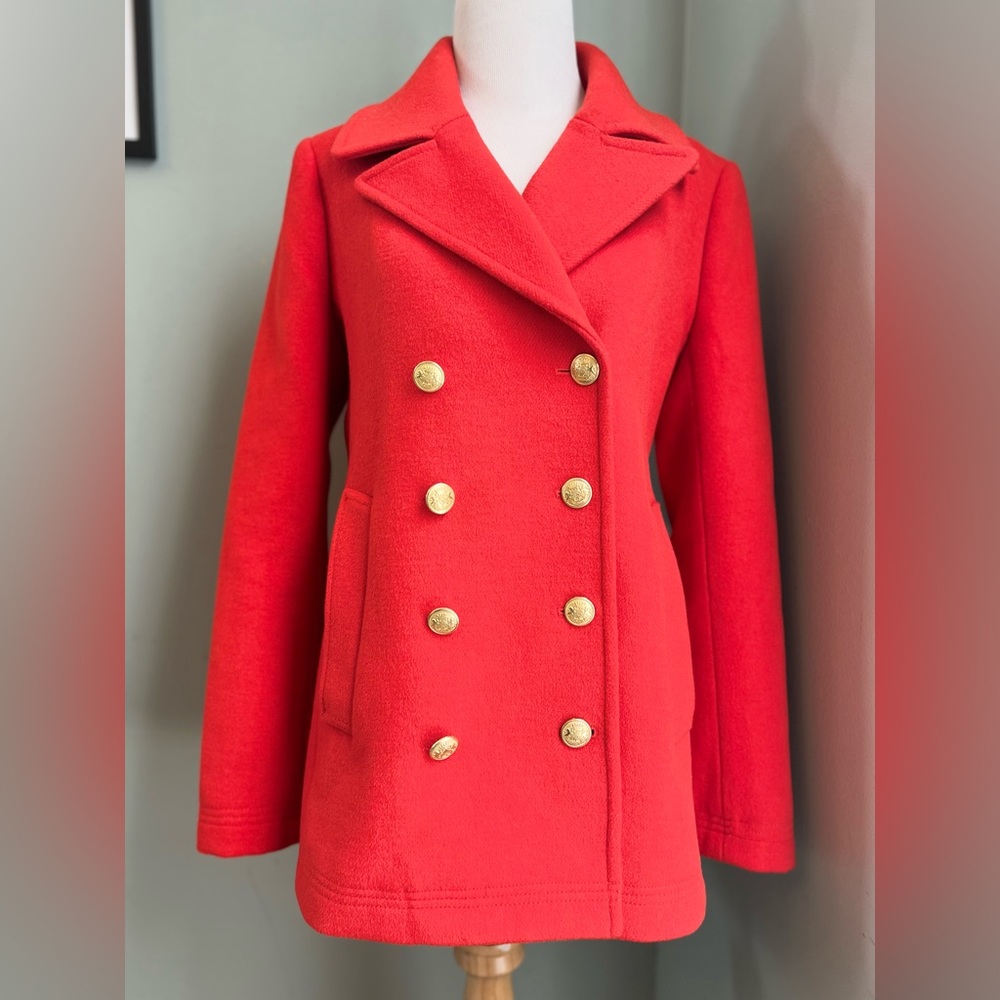 J. CREW Stadium Cloth Mellon Red Pea Coat Size 6